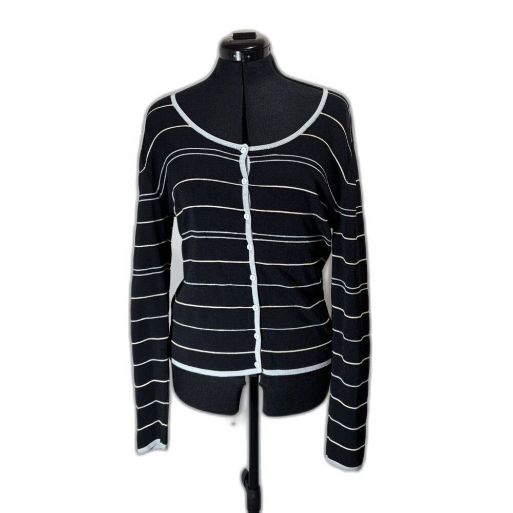 Finity Black White Striped Button-Up Cardigan
